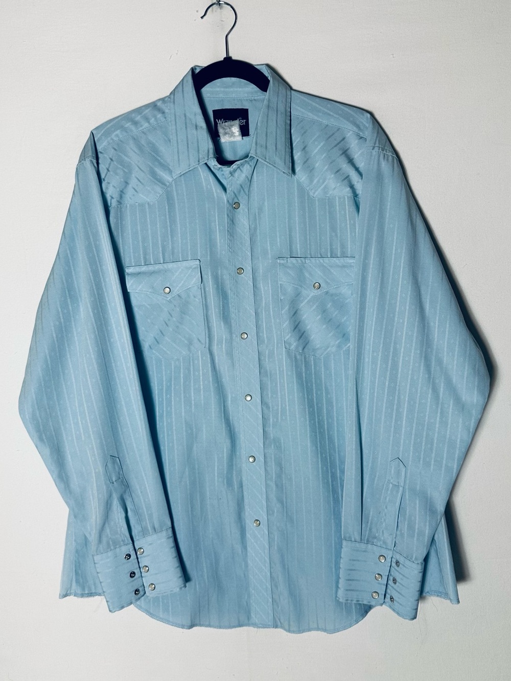 Vintage Wrangler Western Light Blue Dobby Stripe Long sleeve Pearl Snap Shirt XL